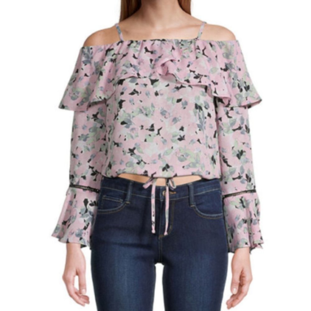 NEW By & By Size XL Floral Off-Shoulder Top Bell Sleeves Elastic Waist JCPenney